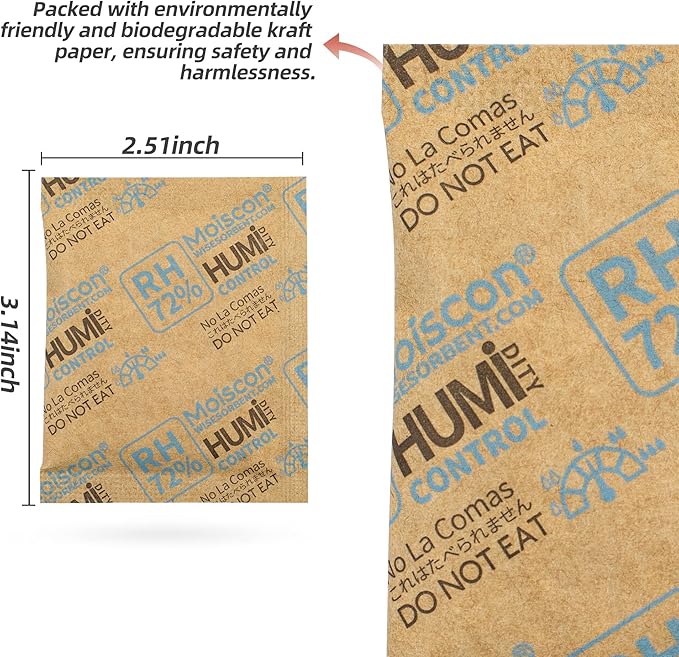 Wisesorb 72% Two-Way Humidity Control Packs- 8 Gram Moisture Absorbers for Herbs, Wood Humidifier Boxes - Natural Craft Paper Design, Individually Sealed Packets, Prevents Leaks [60 Pack]