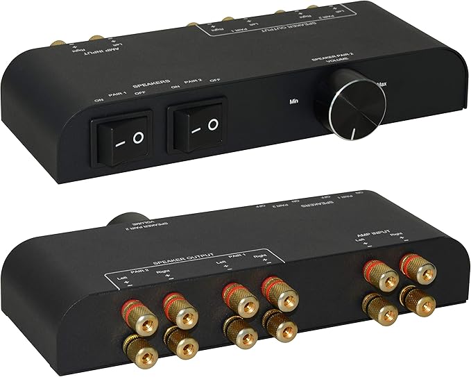 XtremPro 2 Way Speaker Switch, 1 in 2 Out Way Pair Stereo Speaker Selector W/Volume Control Metal Non-Slip Box - Black (61052), 9.0 x 3.25 x 1.5