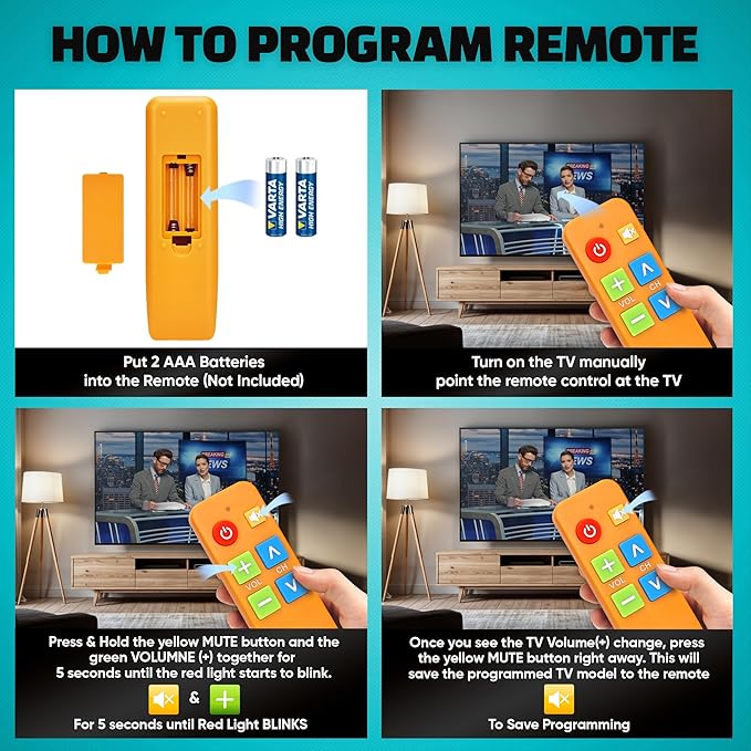 EZclicker TV Remote for Seniors, Extra Simple Big Button Remote (Orange) Works with Major TV Brands, NOT for Streaming (2xAAA Batteries Not Included)