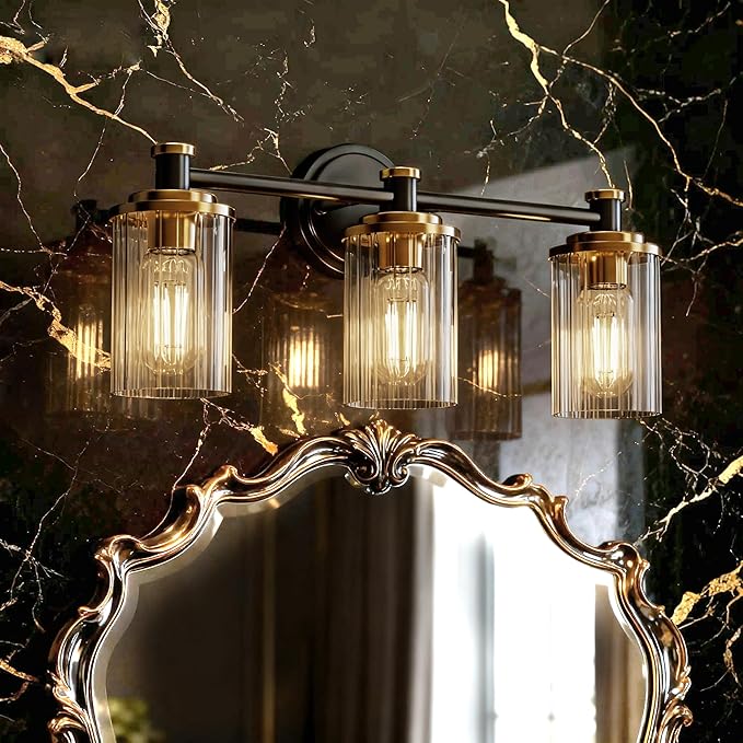 PHIXART Bathroom Lighting Fixtures Black and Gold Bathroom Vanity Light with Cylindrical Clear Stripes Glass Lampshade E26 Socket Base Bathroom Lighting Fixtures Over Mirror (3 Lights)