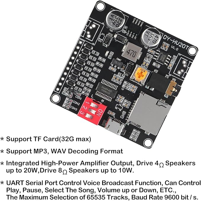 AITIAO 2PCS 20W Voice Playback Module MP3 Music Player DC 6-35V 12V/24V Sound Board USB Downloadable Music Player 24-bit DAC Output MP3 WAV Support TF Card 32GB for Broadcast Device