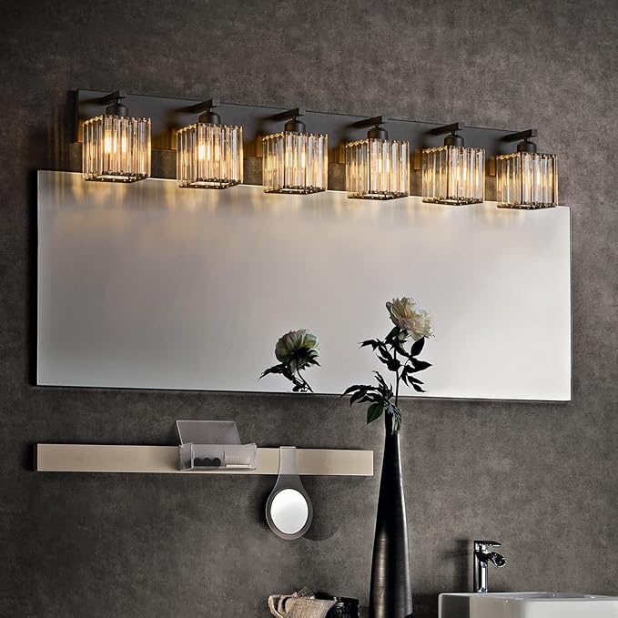 FDPBY Modern Black Crystal Bathroom Vanity Light - 6-Lights Wall Light Fixtures