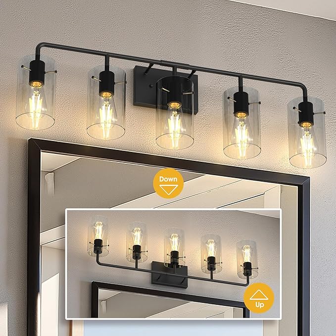 L LOHAS LED 5-Light Bathroom Light Fixtures, 33.85" Black Bathroom Vanity Light with Straight Glass Shades, Modern Vanity Lights for Bathroom Light Fixtures Over Mirror Living Room Hallway, E26, ETL