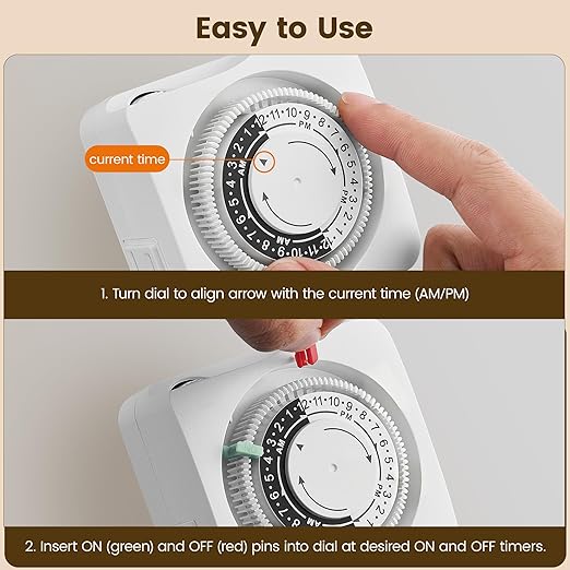 SURAIELEC Mechanical Timer with 2 Grounded Outlets, Indoor Electrical Plug in Timer with Trippers, 24-Hour Programmable and 3 Prong for Christmas Decorations, Plant Lights, Fan, 15A, White, 2 Pack