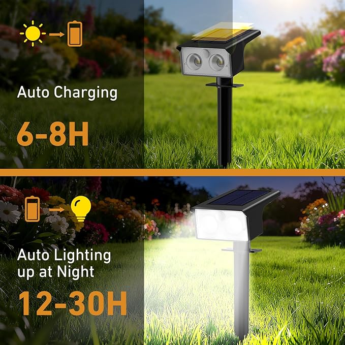 btfarm Solar Spot Lights Outdoor Waterproof, 4 Pack/3 Modes Motion Sensor Lights, Solar Powered Spotlights 2-in-1 Auto On/Off for Outside Pathway Yard Garden Landscape Lighting, Cool White