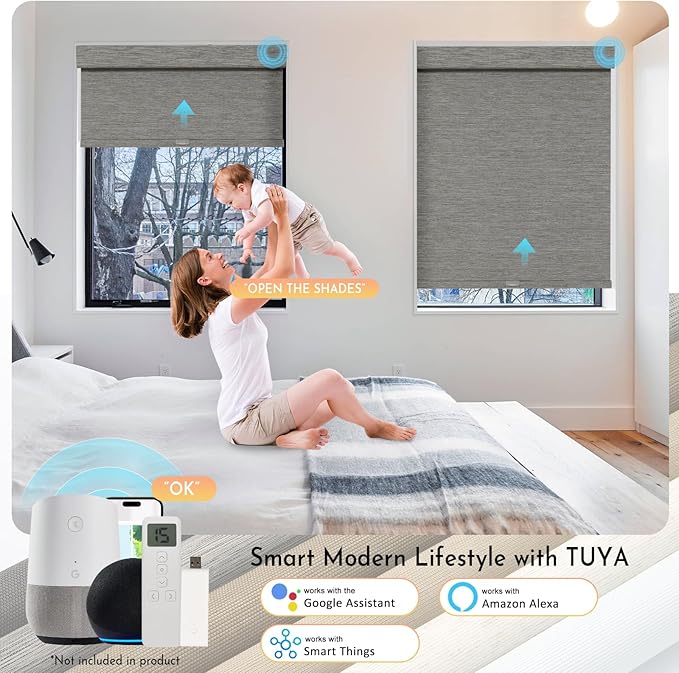 Persilux Smart Motorized Blinds with Remote, No Drill Automatic Roller Shades for Indoor Windows, Blackout Linen Fabric, Electric Blinds for Windows, Weave Blend Smoke C162BO-7, Custom Size