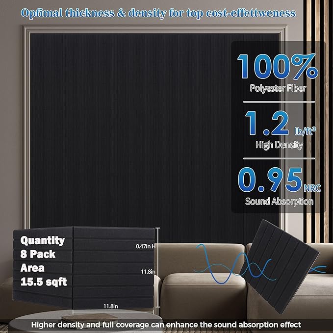 BSHEAD 16 Pack Large Fold Soundproof Wall Panels,12 x 12 x 0.47 in Sound Proof Foam Panels for Walls, High Density, Thicker 0.47in, Acoustic Panels, Sound Dampening Panels Black