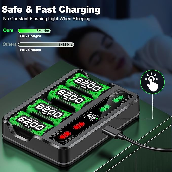 Upgraded Fast Charging Rechargeable Battery Pack for Xbox -4x6200mWh Batteries with Light Control &Charger Dock -Compatible with Xbox Series X|S,One S/X,Elite Controllers, Cases and Storage Sets,Black