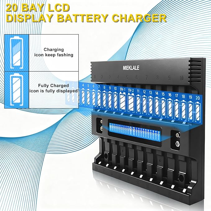MIEKLALE 20+2 Bay AA AAA Battery Charger with Smart LCD Display Fast Charging for AA AAA NiMH NiCd & 9V Rechargeable Batteries, 2 Separate Charging Slot for 9V Batteries