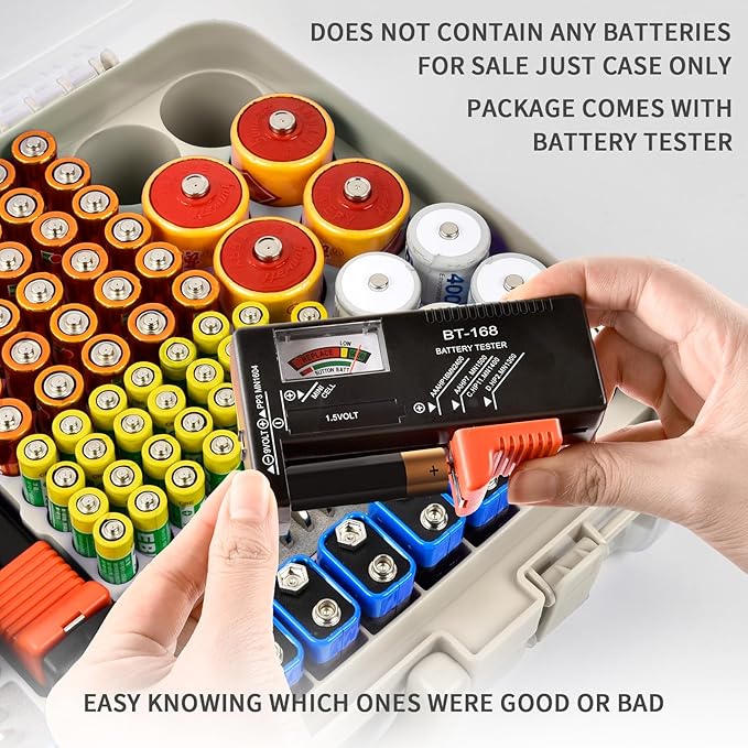 Aptbyte Battery Organizer Storage Holder Box Case with Tester- 269 Batteries Double-Sided Variety Pack, Holds AA AAA 4A C D Cell 9V 3V Lithium LR44 CR2 CR123 CR1632 18650 Button- White(Box Only)