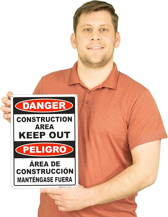Brimar - 10" x 14" - Bilingual Danger Construction Area Keep Out Sign - .055″ Polyethylene Plastic - Bold Text - Easy Installation