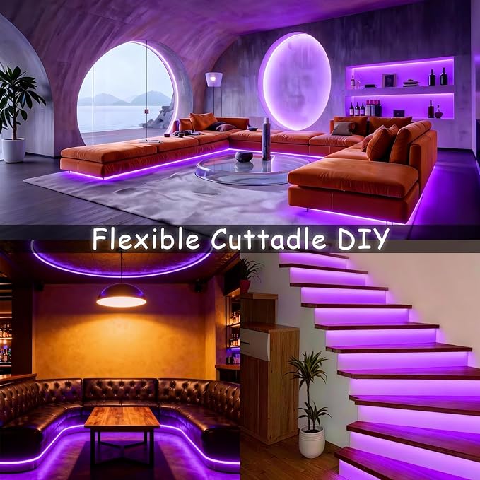 Aalnfe Purple Led Lights Strip for Bedroom Indoor Rope Lights Black Pagage Led Light Strip Kit Easy DIY Cuttable Tape Lights for Room Bathroom Living Room Kitchen Ceiling Wall Vanity Mirror Decor