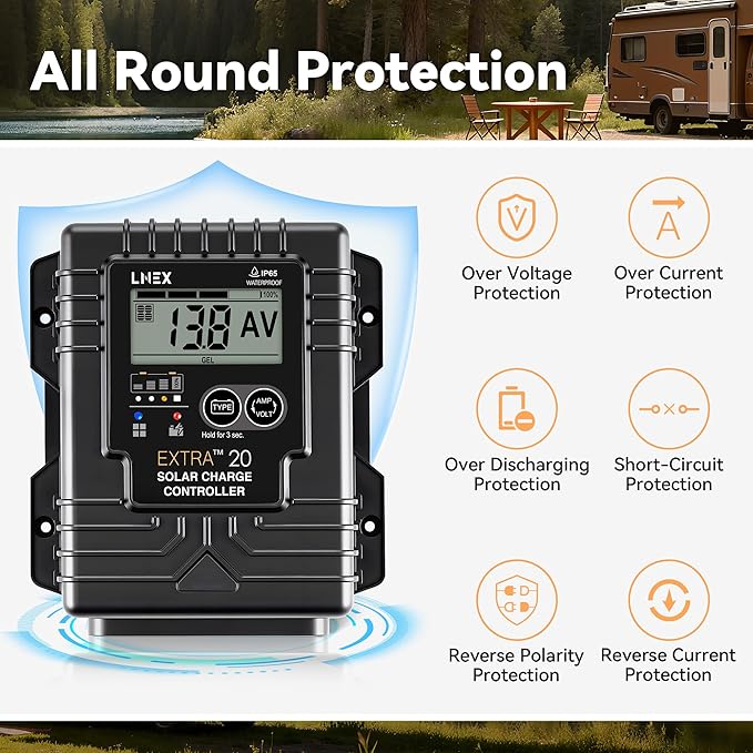 LNEX Solar Charge Controller Waterproof, 20A Solar Panel Regulator with Temp Sensor,Backlit LCD, 12V/24V PWM Solar Controller for LiFePO4,AGM, Gel, Flooded and Lithium Battery