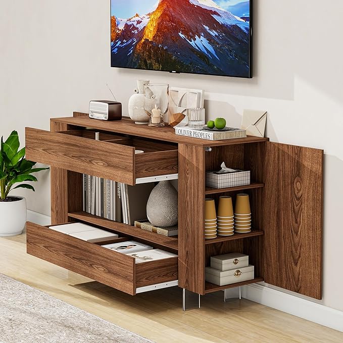 Vavkorkula TV Stand for 55 Inch with 2 Large Drawers & Hidden Storage Cabinets, Modern Farmhouse Entertainment Center Television Stands for Living Room Bedroom, Walnut