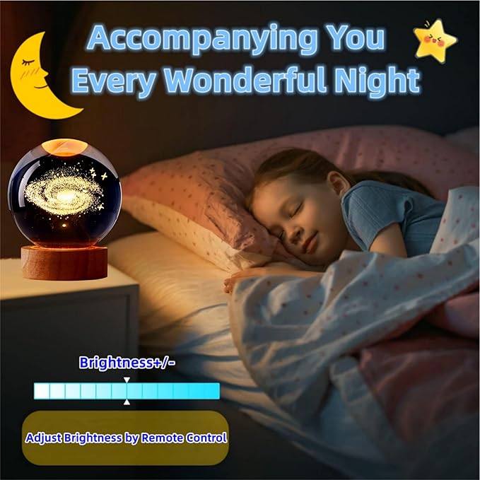Conalisk 3D Galaxy Crystal Ball Lamp,3.15 Inch K9 Crystal Ball Night Light with Wooden Base,16 Colors Changing Light with Dimmable Remote Control,3D Laser Engraving Holographic Lamp (Galaxy)