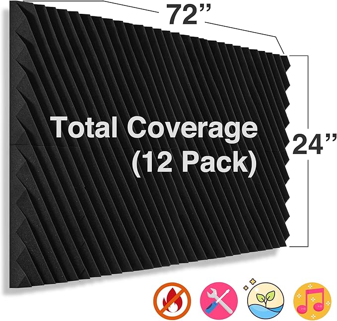 Foroomaco 12 Pack Sound Proof Foam Panels for Walls, 12x12x2 Inches Slash Style Acoustic Panels for Home Studio Acoustic Treatment (Black)