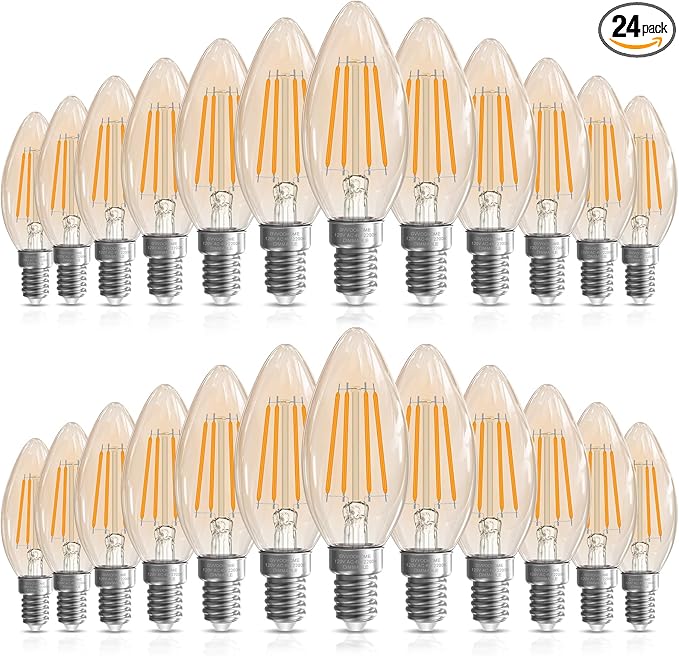 GvvooHome Candelabra Light Bulbs 40 watt Equivalent, E12 LED Bulb Dimmable B10 Candle Light Bulbs, 2200K Amber Warm, Chandelier Light Bulb, 90+CRI, 400LM, Amber Glass Finish, 24 Pack
