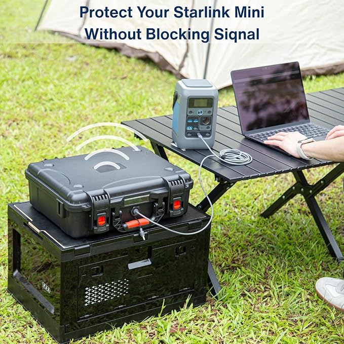 IP67 Waterproof Storage Case for Starlink Mini with Waterproof DC Female Charging Port – Protective Hard Case with Foam Padding, Secure Latch System, Portable Design for Travel and Outdoor Use