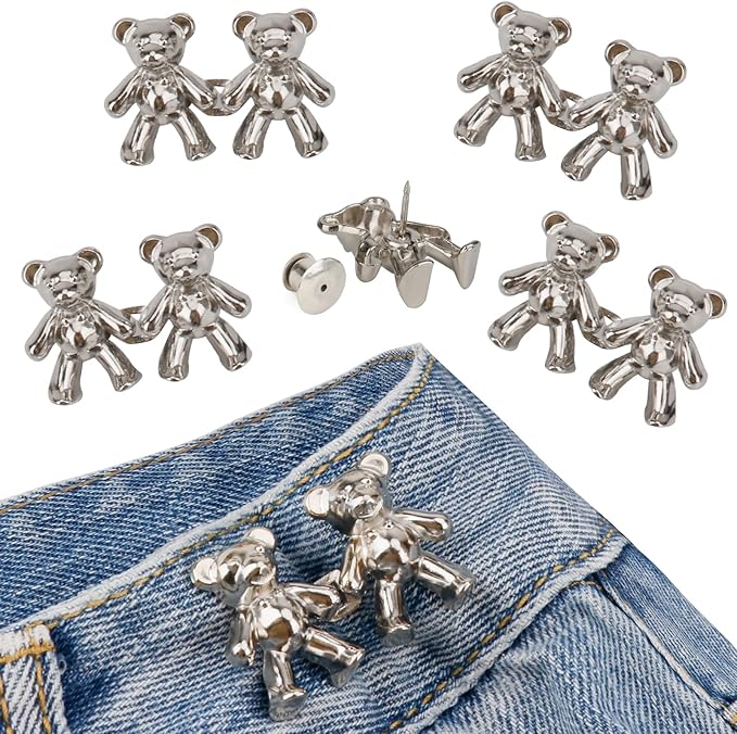 TOOVREN Cute Bear Button Pins for Loose Jeans - No Sew, No Tools Instant Pant Waist Tightener, 4 Sets Jeans Button Replacement Pant Clips for Waist Buckle