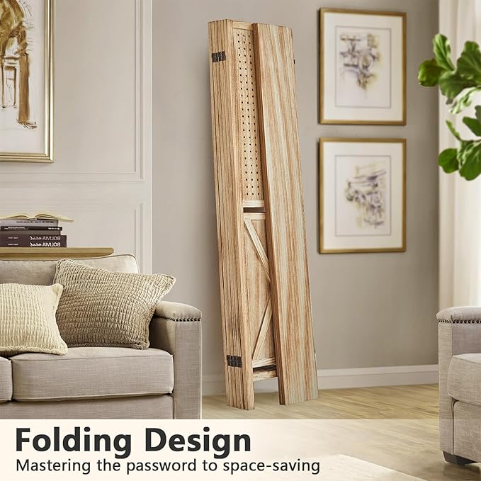 Aleesing 6 Panel Pegboard Display with Shelf, Wooden Pegboard Room Divider Wall with 24 Hooks, Partition Room Dividers and Folding Privacy Screens, Bedroom, Jewelry Store, Natural