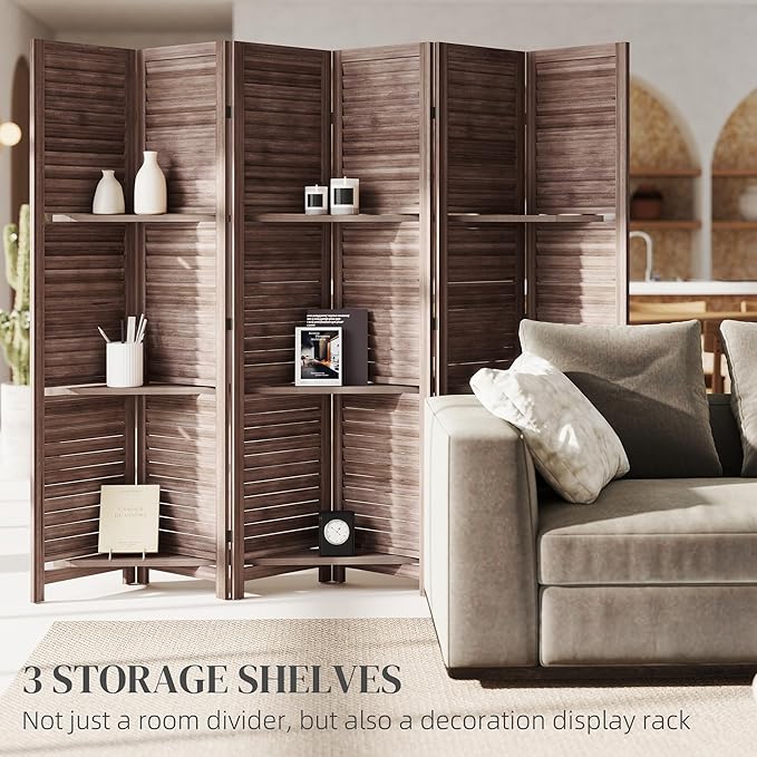 HOMCOM Room Divider, 6 Panel 67" Tall Wood Privacy Screen with 3 Display Shelves, and Folding Storage for Bedroom or Home Office, Walnut