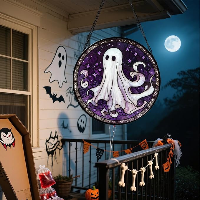 DASTOLL Stained Glass Window Hanging - Halloween Decorations White Ghost Purple Stars Suncatcher for Doors Garden Spooky Funny Sun Catchers Gothic Decor Horror Gifts for Women Men Friend 6.3 in
