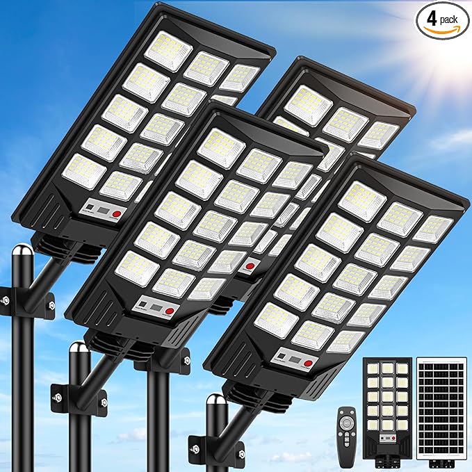 Solar Street Lights Outdoor Waterproof, 30000LM 6500K LED Motion Sensor Lights, Solar Flood Lights with Remote, Dusk to Dawn Solar-Powered Parking Lot Light, Commercial Area Lighting for Yard, 4-Pack