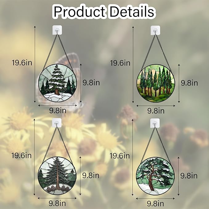 AMDERVEN Stained Glass Window Hanging 4 Pcs Set Forest Green Trees Winter Snow 9.8" - Suncatcher Door Garden Sun Catcher Home Decor Birthday Mother's Day for Woman Nana Mom Men