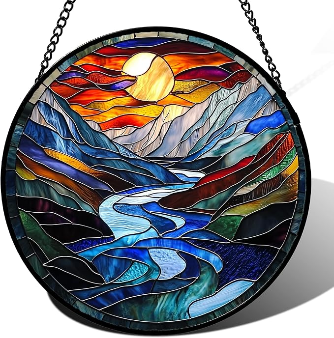 AMDERVEN Stained Glass Window Hanging, Canyon Mountains Sunset View Sun Catcher for Window Home Decor Landscape Suncatcher Mother's Day Birthday Gifts for Women Men Mom and Nana 11.8 in
