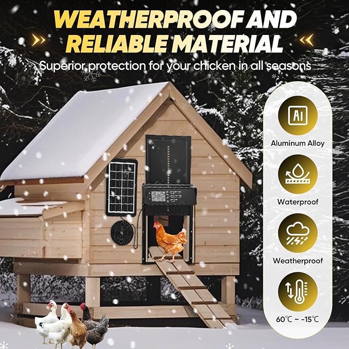 Sakerplus Automatic Chicken Coop Door Solar Powered, Automatic Chicken Door with Timer, Light Sensor, 4 Modes and LCD Display, Aluminum Alloy Auto Chicken Door, Anti-Pinch & Weather Proof