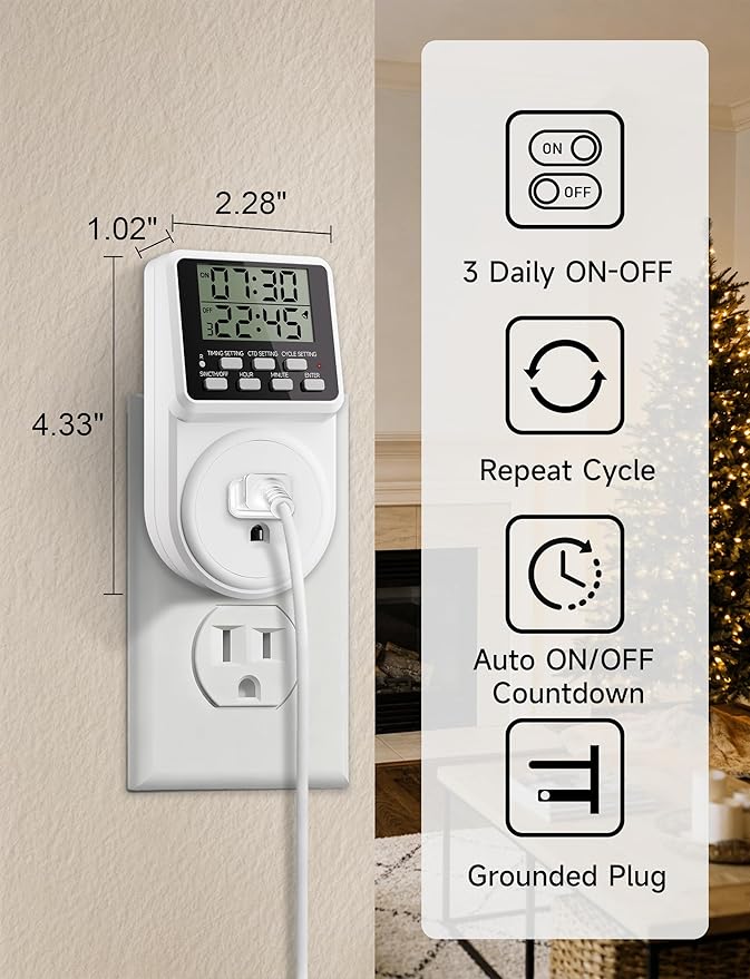 Techbee Indoor Digital Infinite Repeat Cycle Intermittent Outlet Timer Plug 24 Hour Programmable Timed Electrical Power Switch with Countdown Delay on Off Function for Lights and Appliances (2 Pack)