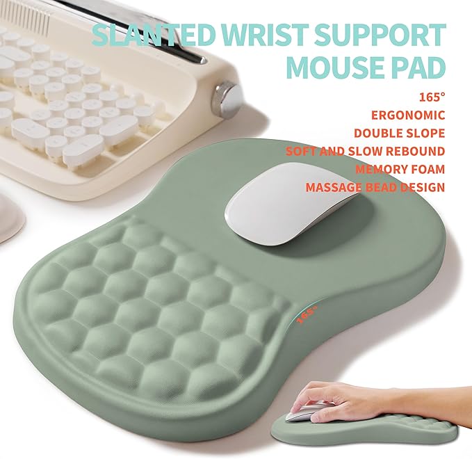 KUOSGM 2-in-1 Ergonomic Set, Wave Rise Keyboard Wrist Rest and Massage Bulge Slope Mouse Pad Wrist Support, Cushion Memory Foam Integrated to Relieve Wrist Pain, Light Green