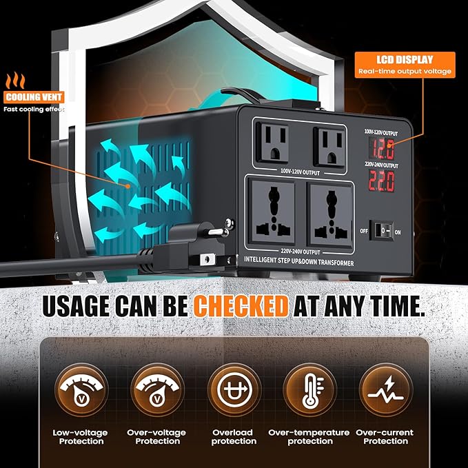 1000W Voltage Converter Transformer Step Up 110V/120V to220V/240V or Step Down 220V to 110V AC Power Converte, Circuit Breaker Protection, 2 US sockets, 2 Universal sockets, LCD Display