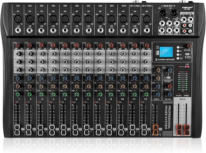 12 Channel Professional Audio Mixer with 48V Phantom Power, USB Audio Interface, Bluetooth & MP3 Player, Sound Board for Podcast, Home Studio, Live Streaming & Recording