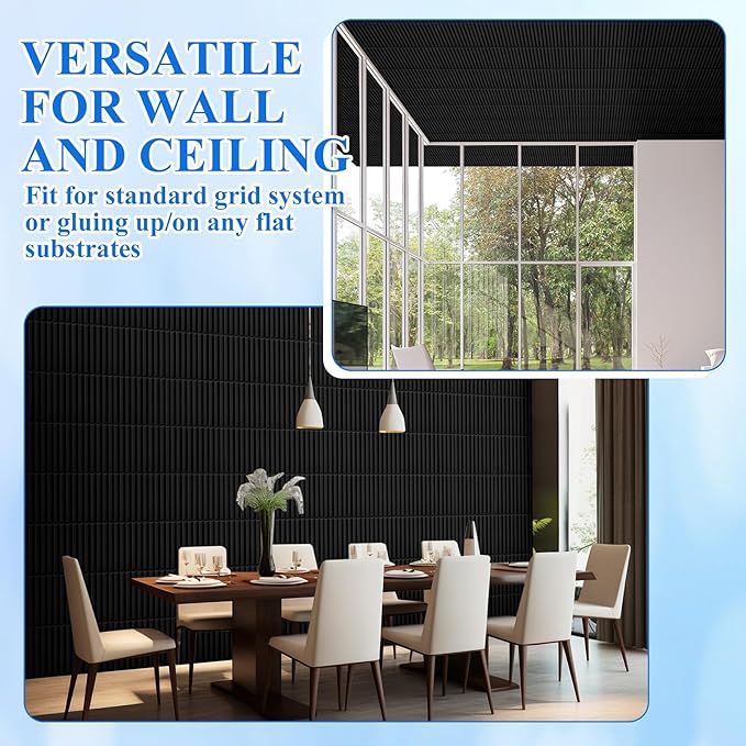 Nuanchu 120 Pcs 3D Slat Wall Panels 12 x 12 Inch PVC Fluted Textured Panel Cuttable Paintable DIY Wall Art Decorative Tiles for Ceiling Studio Bathroom Interior TV Background (Black)