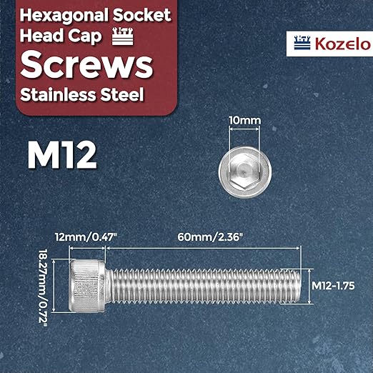 Kozelo 5pcs Socket Head Cap Screws - [M12-1.75 x 60mm] 304 Stainless Steel Allen Socket Drive for Electrical Motor 3D Printing Fan Engine Replacement Use, Silver