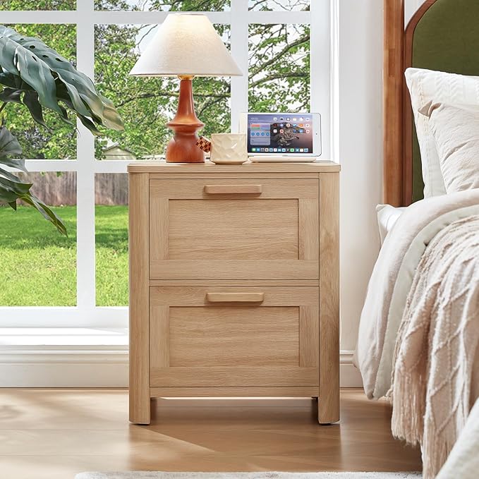 Joaxswe Farmhouse Nightstand Set of 2 with Charging Station, End Tables Bedroom with 2 Large Drawers & 4 Thickened Table Legs, Natural Wood