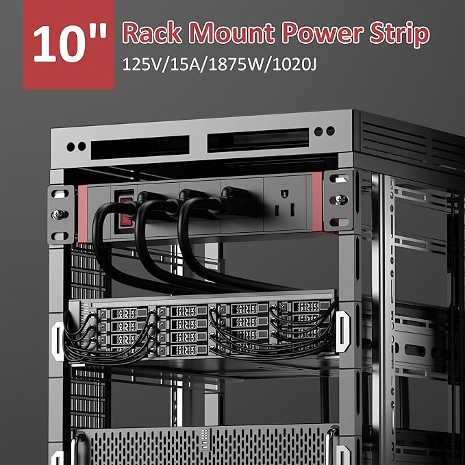 10 Inch Rack PDU Power Strip,1U RackMount Surge Protector Power Strip with15A Overload Switch, 360° Rotatable Mounting, for 10'' Mini Server Network Cabinets/Rack/Self, 6ft Cable