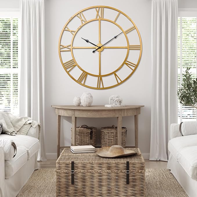 Ohweog Large Wall Clock for Living Room Decor – 32 Inch Silent Non-Ticking Modern Farmhouse Wall Clock, Oversized Decorative Metal Roman Numeral Clock
