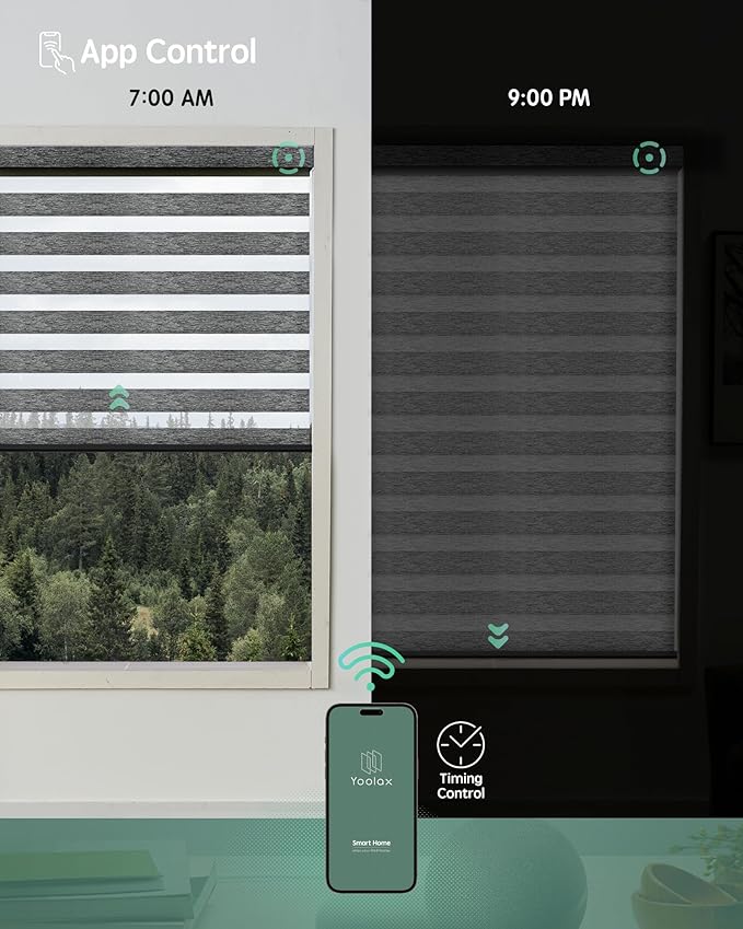 Yoolax Motorized Zebra Blinds Compatible with Alexa, Motorized Blinds with Remote Smart Automatic Custom Electric Window Blinds Cordless Indoor Blackout for Home Bedroom Kitchen (Grey Black)