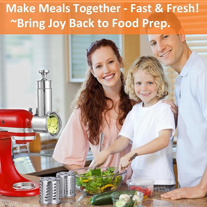 FavorKit Large Stainless Steel Slicer Shredder Attachment for KitchenAid Mixers, Dishwasher Safe Salad Maker, Cheese Grater Accessories with 3 Blades & 1 Knob Thumb Screw