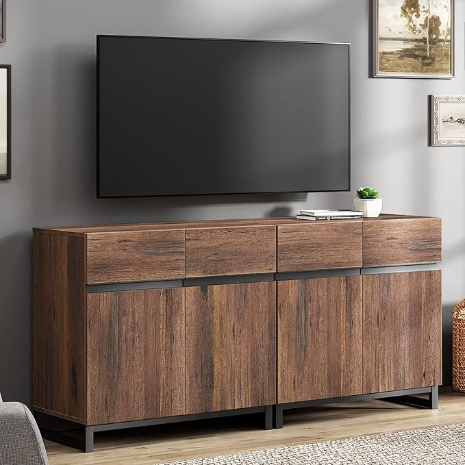 Wampat Modern TV Stand for up to 70 inch TVs, 2 in 1 Entertainment Center with Adjustable Shelves and Metal Base for Living Room, Bedroom, Brown