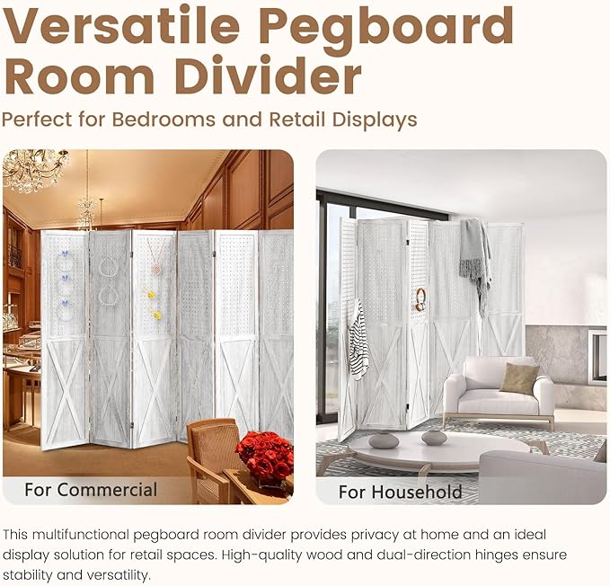 ALeesing 6 Panel Pegboard Room Divider, 5.6Ft Pegboard Display Folding Privacy Screens, Wood Room Divider Peg Board Display Freestanding for Trade Show Craft Show Home Wall Organizer, Retro White