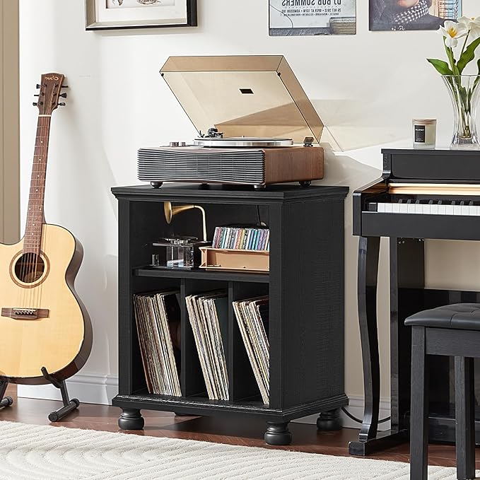 Joaxswe Record Player Stand with Charging Station Up to 200 Albums, 24" Wide Mid-Century Record Player Table with Vinyl Record Storage,Large Wood Turntable Stand Dispaly Cabinet for Living Room,Black