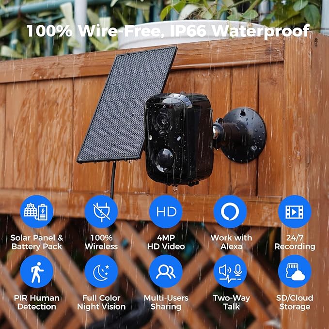 Hiseeu Security Cameras Wireless Outdoor, 4pcs Solar Powered 3K 4MP Surveillance WiFi Cameras for Home Security Outside, PIR/AI Motion Detection, Waterproof, Color Night Vision, 2-Way Audio, Black
