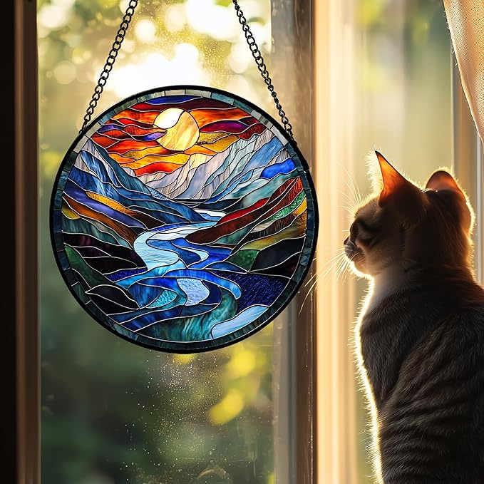 AMDERVEN Stained Glass Window Hanging, Canyon Mountains Sunset View Sun Catcher for Window Home Decor Landscape Suncatcher Mother's Day Birthday Gifts for Women Men Mom and Nana 11.8 in