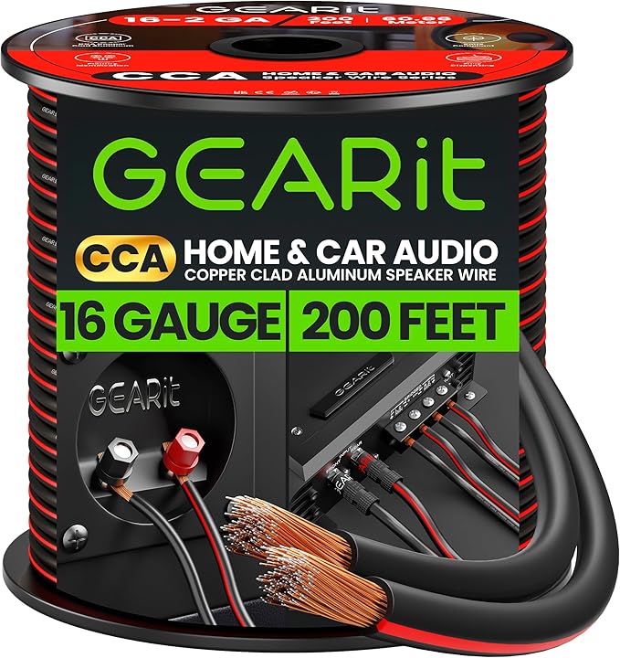 16AWG Speaker Wire, GearIT Pro Series 16 Gauge Speaker Wire Cable (200 Feet / 60.96 Meters) Great Use for Home Theater Speakers and Car Speakers, Black