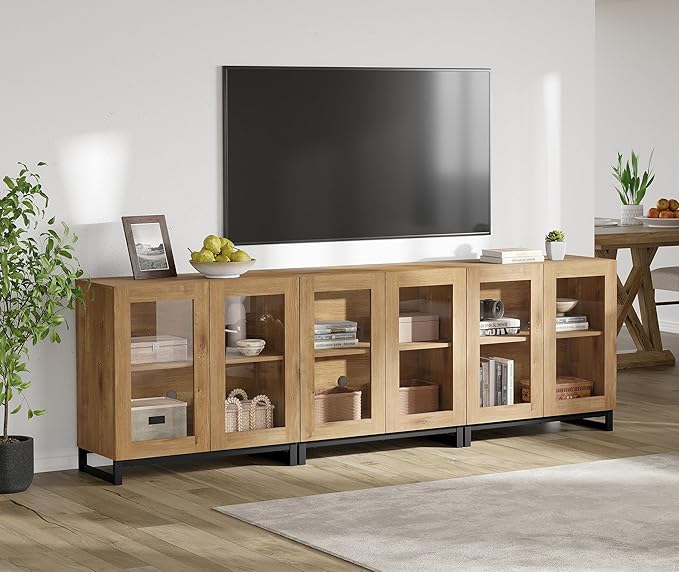 WAMPAT Modern TV Stand with Glass Doors for 110 inch TVs, 3 in 1 Entertainment Center Console with Adjustable Shelves and Metal Base for Living Room, Bedroom, Oak