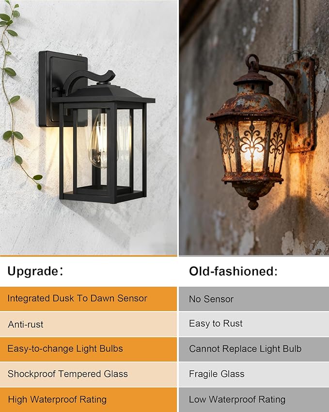 LTBLIGHT 2-Pack Dusk to Dawn Outdoor Light Fixtures, Modern Black Sensor Porch Light Fixtures, Waterproof Exterior Lighting for House, Yard, Entryway, Garage, 120V