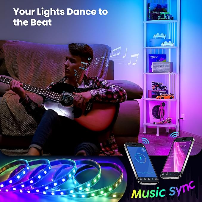 MonaSixy 6 Tier Corner Shelf with Light, Music Synic 60000 DIY LED Color Smart Remote Tall Display Shelves Corner Shelf Stand Bookshelf Wood Rack Metal Frame for Living Game Room Bedroom, White